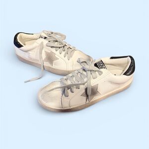 Women’s stylish sneakers- white weathered look with gray star and black accents